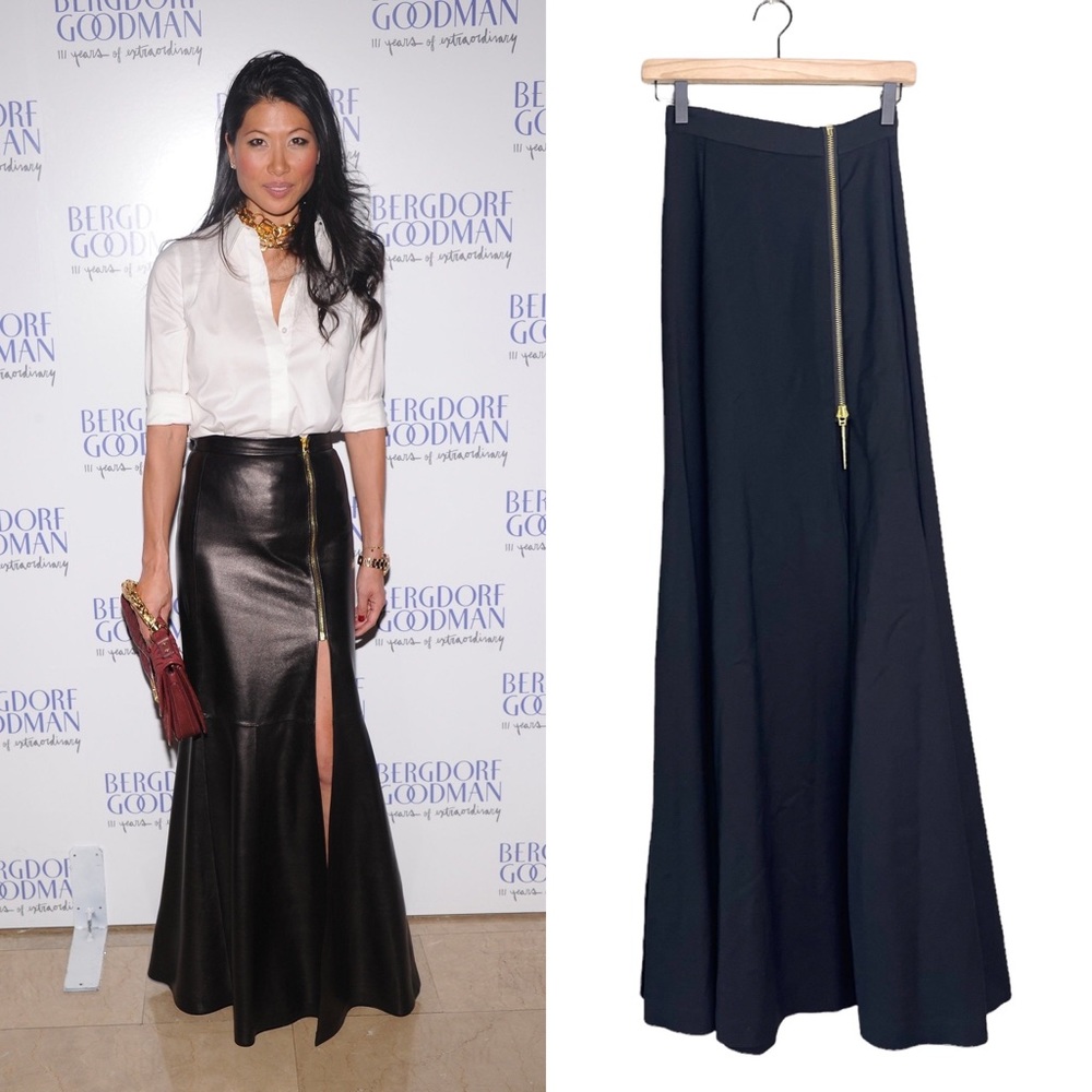 Monika Chiang Side Slit Maxi Skirt 00 Black High Waisted Gold Zip Flare Full